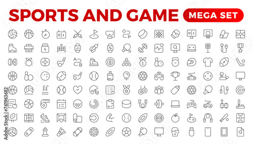 Sports & Game icon set. Hobby and lifestyle line icons collection. Religion, sport, game, fitness, music, cinema icons. UI icon set. Thin outline icons pack. Outline icon collection.