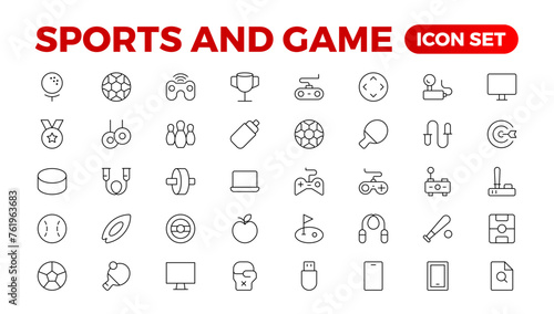 Sports & Game icon set. Hobby and lifestyle line icons collection. Religion, sport, game, fitness, music, cinema icons. UI icon set. Thin outline icons pack. Outline icon collection.