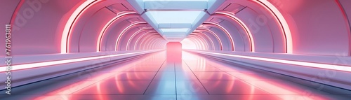 A long futuristic corridor with neon-lit arch entrances in a symmetrical photo