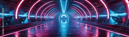 A long futuristic corridor with neon-lit arch entrances in a symmetrical photo