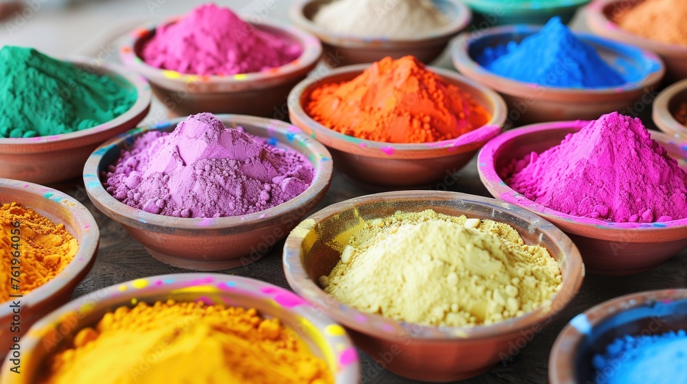 A Vibrant bowls of Holi powder displayed ready for the joyous celebration of the traditional Hindu festival A Vibrant bowls of Holi powder displayed ready for the joyous celebration of the traditional Hindu festival