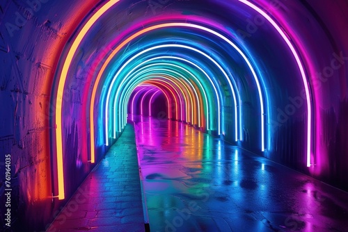 A tunnel illuminated by neon rainbow light arches presents a mesmerizing walkway