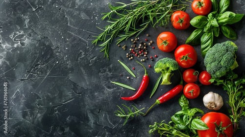 A variety of fresh vegetables and herbs arranged on a dark background