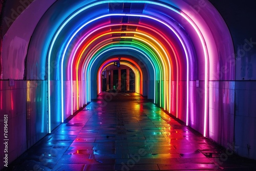 A tunnel illuminated by neon rainbow light arches presents a mesmerizing walkway