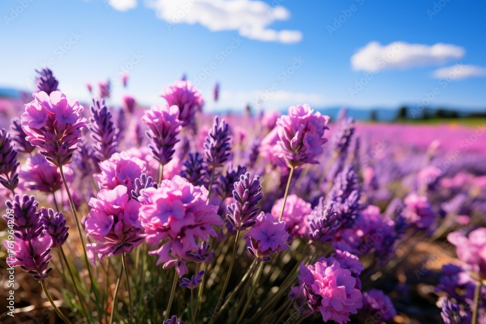 Purple flowers under blue sky, a beautiful natural landscape