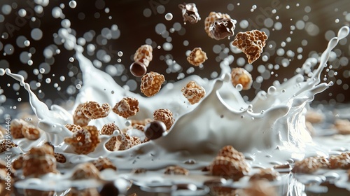 A 3D splash of milk and chocolate, intertwining around crispy cereal flakes