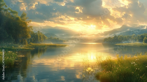 A tranquil landscape of rolling hills and a peaceful lake with the soft glow of the setting sun casting a warm golden light over the entire scene.