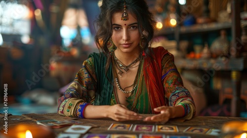 Female enchantress spreading tarot cards at table © 2D_Jungle
