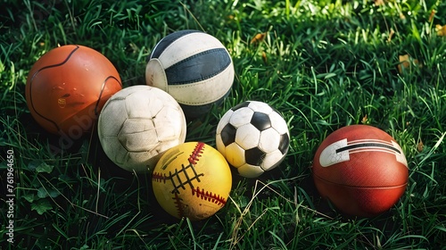 Assortment of sport balls on green grass