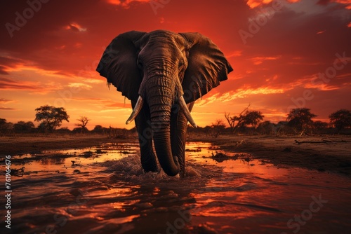 Elephant in water at sunset amidst natural landscape © dong