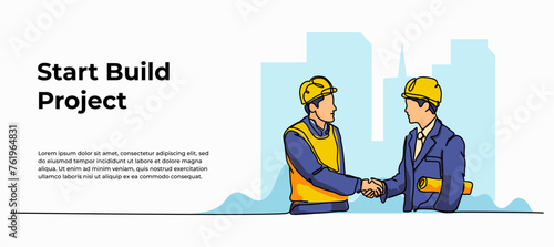 Vector illustration of the contractor shakes hands. Modern flat in continuous line style.