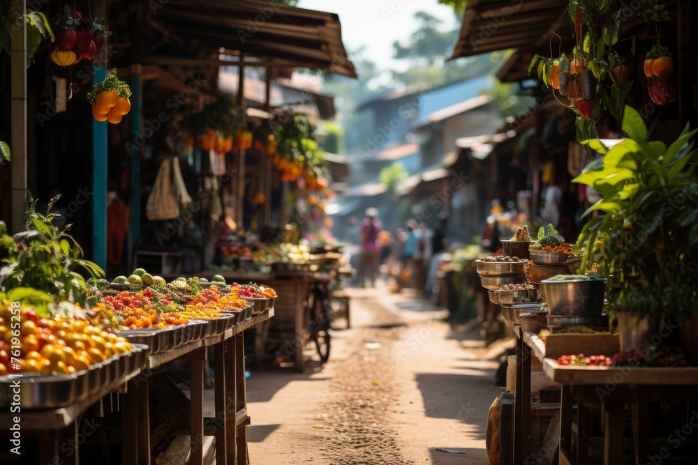 City street lined with fresh produce at bustling market