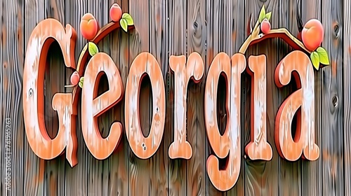 Rustic Georgia Text with Peach Fruit Accents on Weathered Wooden Planks photo