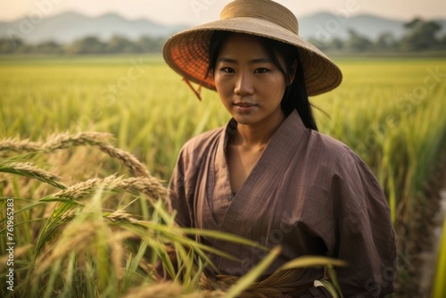 Asian woman working in rural rice field. agriculture, farming and harvesting concept