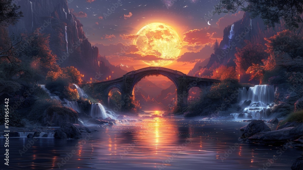 A river flowing beneath a bridge its waters reflecting the light of a full moon. On each side of the bridge different landscapes can be seen one representing the physical - obrazy, fototapety, plakaty 