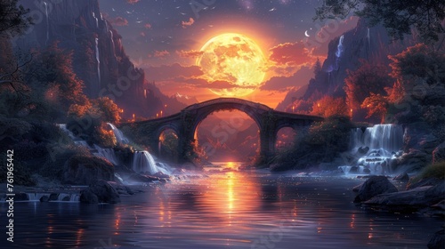 A river flowing beneath a bridge its waters reflecting the light of a full moon. On each side of the bridge different landscapes can be seen one representing the physical