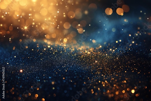 background of abstract glitter lights. blue, gold and black. de focused. banner