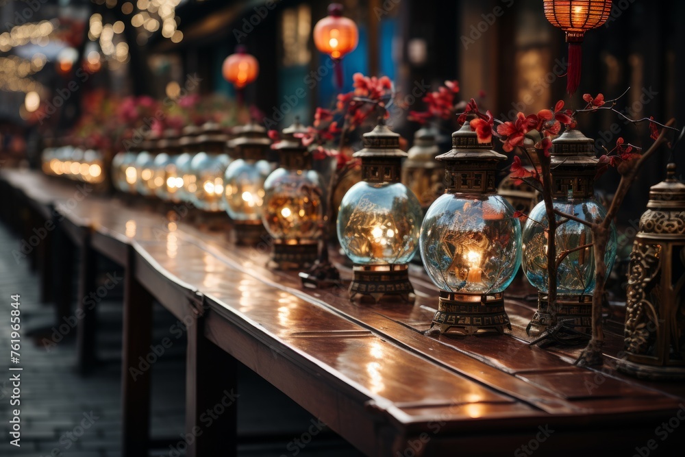 A row of lanterns adorning a wooden table at a city event