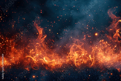 Background with fire sparks, embers and smoke. Overlay effect of burn coal, grill, hell or bonfire with flame glow, flying red sparkles and fog on black background, vector realistic border