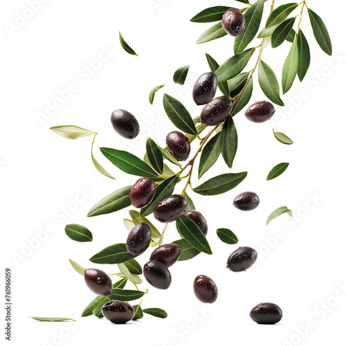 Fresh olives falling in air, healthy and organic food, AI generated, PNG transparent with shadow photo