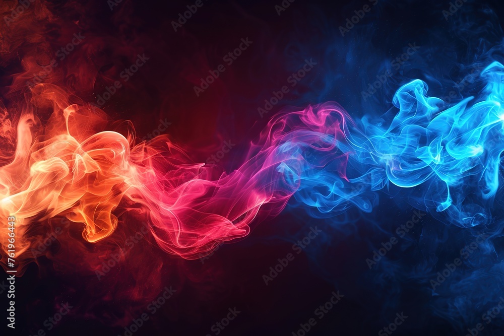 Blue vs red smoke effect black vector background. Abstract neon flame cloud with dust cold versus hot concept. Sport boxing battle competition fog transparent wallpaper design. Police digital banner - obrazy, fototapety, plakaty 