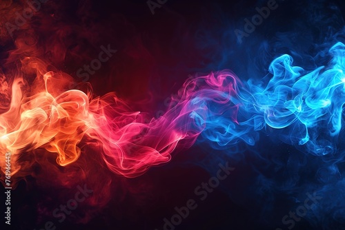 Blue vs red smoke effect black vector background. Abstract neon flame cloud with dust cold versus hot concept. Sport boxing battle competition fog transparent wallpaper design. Police digital banner photo
