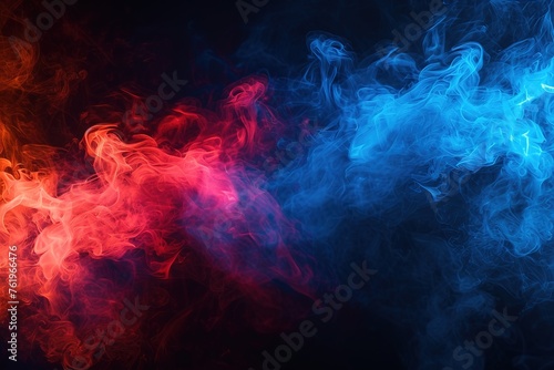 Blue vs red smoke effect black vector background. Abstract neon flame cloud with dust cold versus hot concept. Sport boxing battle competition fog transparent wallpaper design. Police digital banner © abstract Art