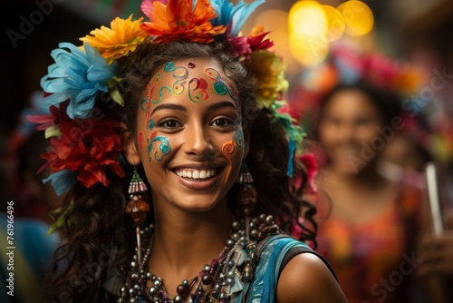 A happy woman with a painted face and floral headgear is smiling at an event © dong