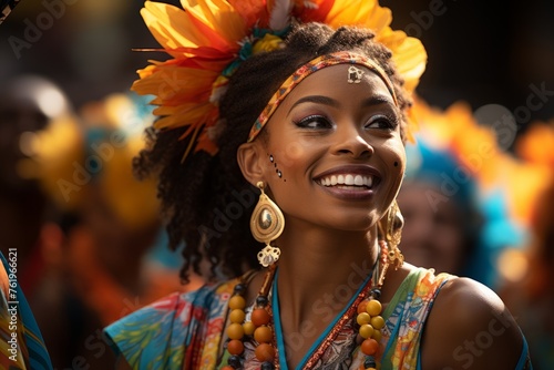a woman wearing a headband and earrings is smiling at a carnival