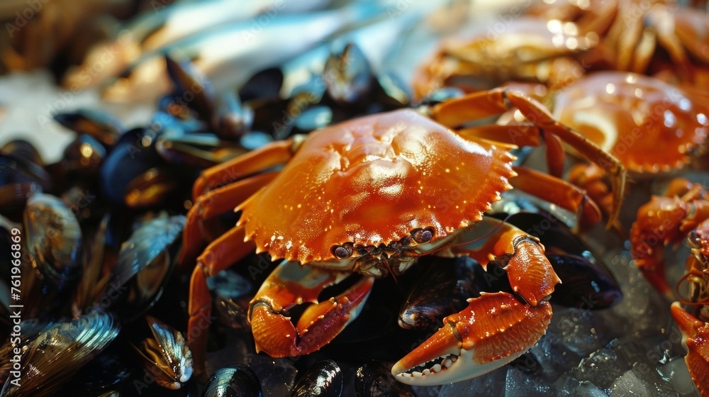A seafood market in a bustling coastal town is filled with an array of fresh vibrant catches from the sea. Bright red and orange crabs plump mussels and glistening whole fish