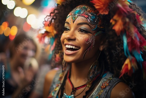 A happy woman with face paint and feathers smiling at an entertainment event