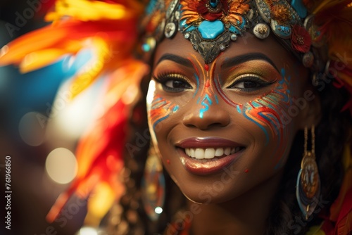 A happy woman in colorful costume smiling at the camera in a closeup shot