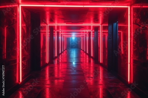 dark hallway with red neon lights up and down