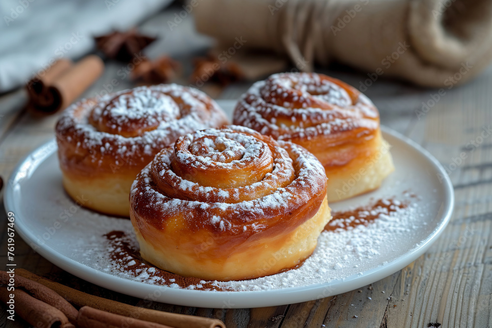 Freshly baked cinnamon buns dusted with powdered sugar on plate Freshly baked cinnamon buns dusted with powdered sugar on plate