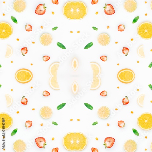 Orange fruits and leaves, fabric seamless textile pattern. Decorative vector illustration design.