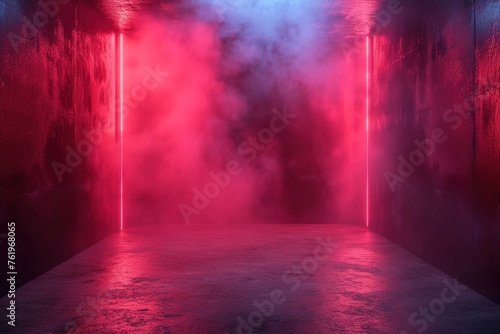 Empty scene background. Dark background of empty room, neon red light, concrete floor, smoke