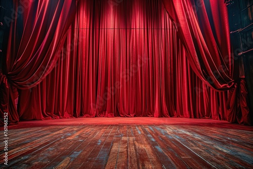 Empty theater stage with red curtains