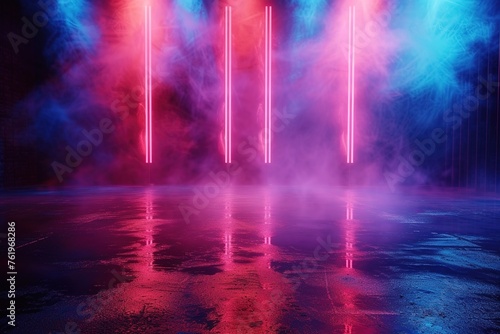 Empty show scene background. Reflection of a dark street on wet asphalt. Rays of red and blue neon light in the dark  neon shapes  smoke. Abstract dark background.