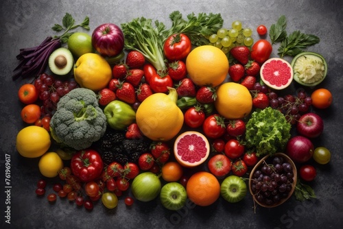 top view assorted colorful fruits and vegetables. background vegetable banner.