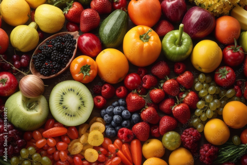 top view assorted colorful fruits and vegetables. background vegetable banner.