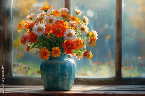 Bold orange flowers in a blue vase against light