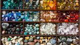A tray of colorful gemstones and crystals each with their own unique healing properties used in crystal healing and traditional medicine practices.