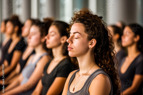 Group of women in a serene meditation session, practicing mindfulness and relaxation together.