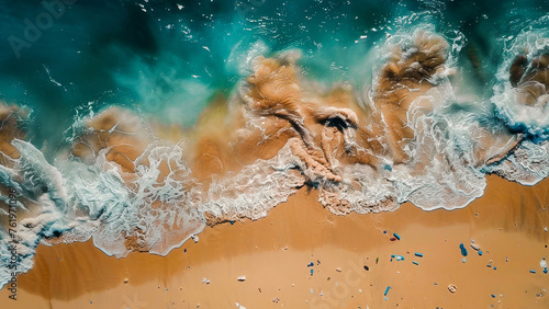 A stunning aerial shot capturing the dynamic interaction of waves with the golden sandy beach.