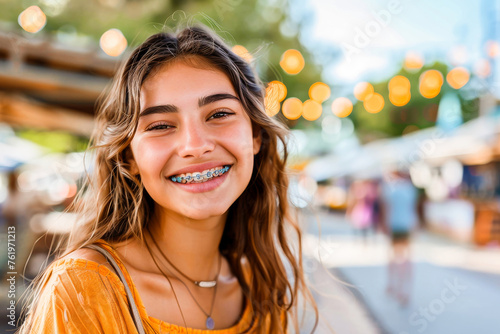 A smiling teenage girl with braces enjoying a sunlit summer street festival. photo