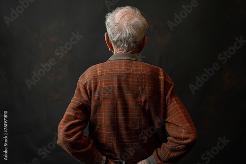 Elderly man's back as he displays signs of back pain, reflecting the realities of physical changes and health concerns in later life photo