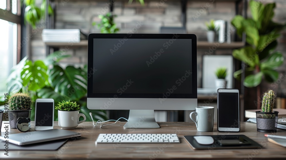 A modern office setting with sleek gadgets and technology equipment scattered on a clean desk, illuminated by natural light filtering through a large window. A modern office setting with sleek gadgets and technology equipment scattered on a clean desk, illuminated by natural light filtering through a large window.