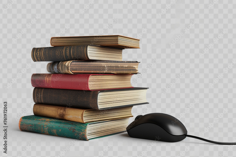 stack of old books with black mouse on a transparent background stack of old books with black mouse on a transparent background