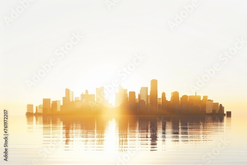3D Render of city skyline at sunset with warm, golden hues painting the sky, on isolated white background, Generative AI © Box Milk
