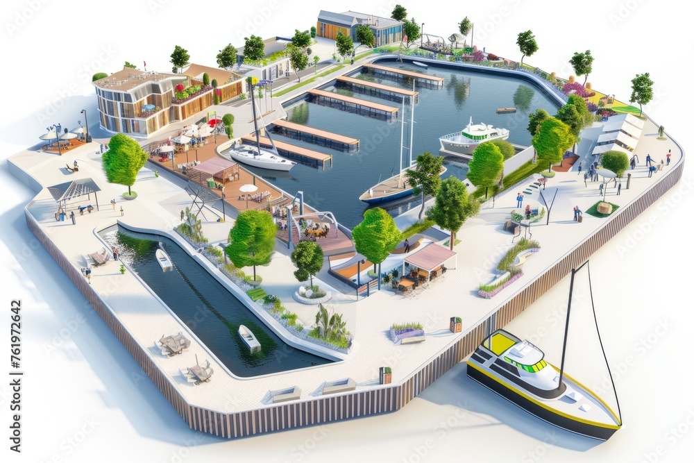 3D Render of city waterfront with boardwalks, marinas, and seaside cafes, on isolated white background, Generative AI